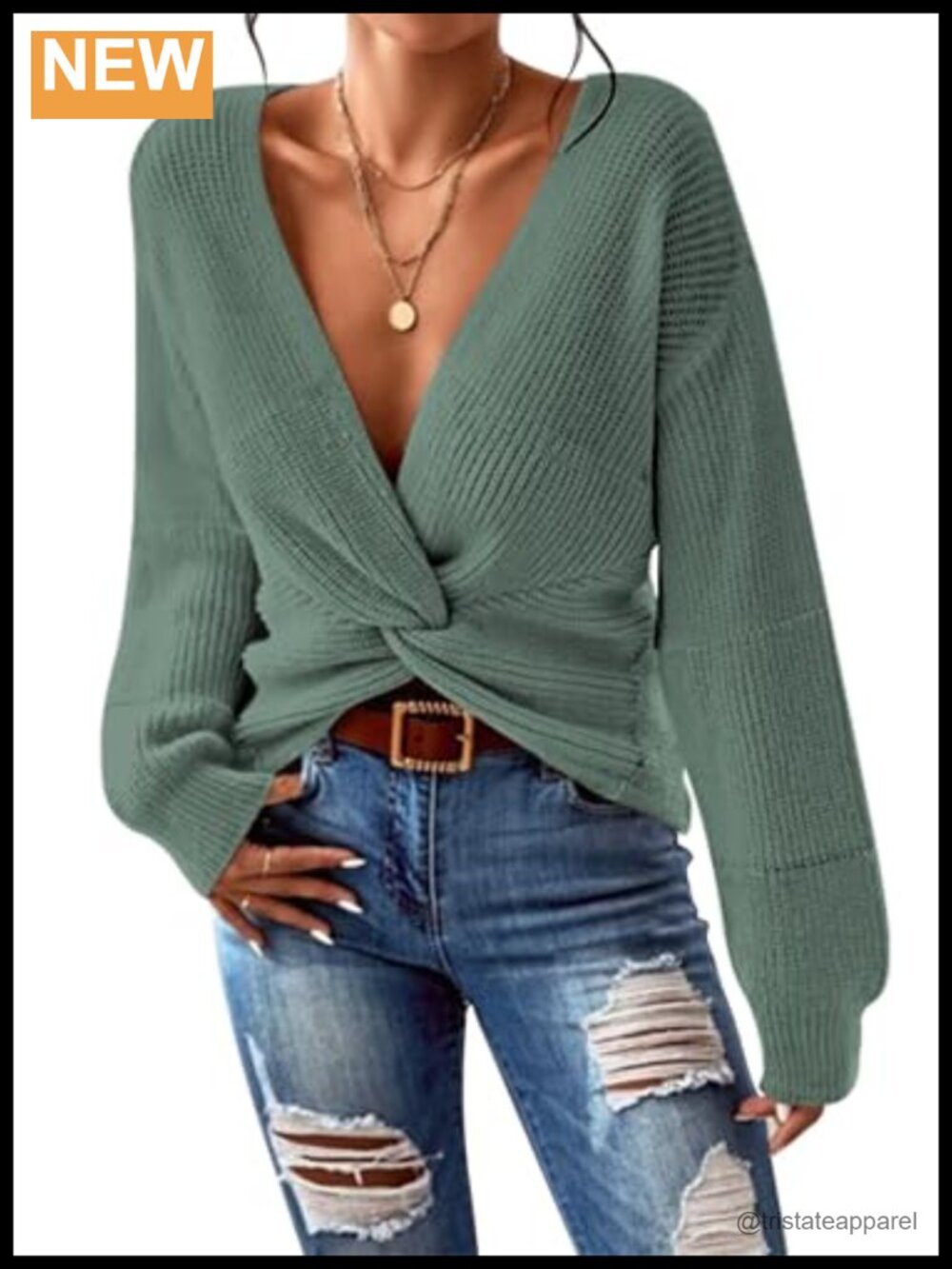 Deep V Neck Twist Front Cropped Knit Pullover Sweater